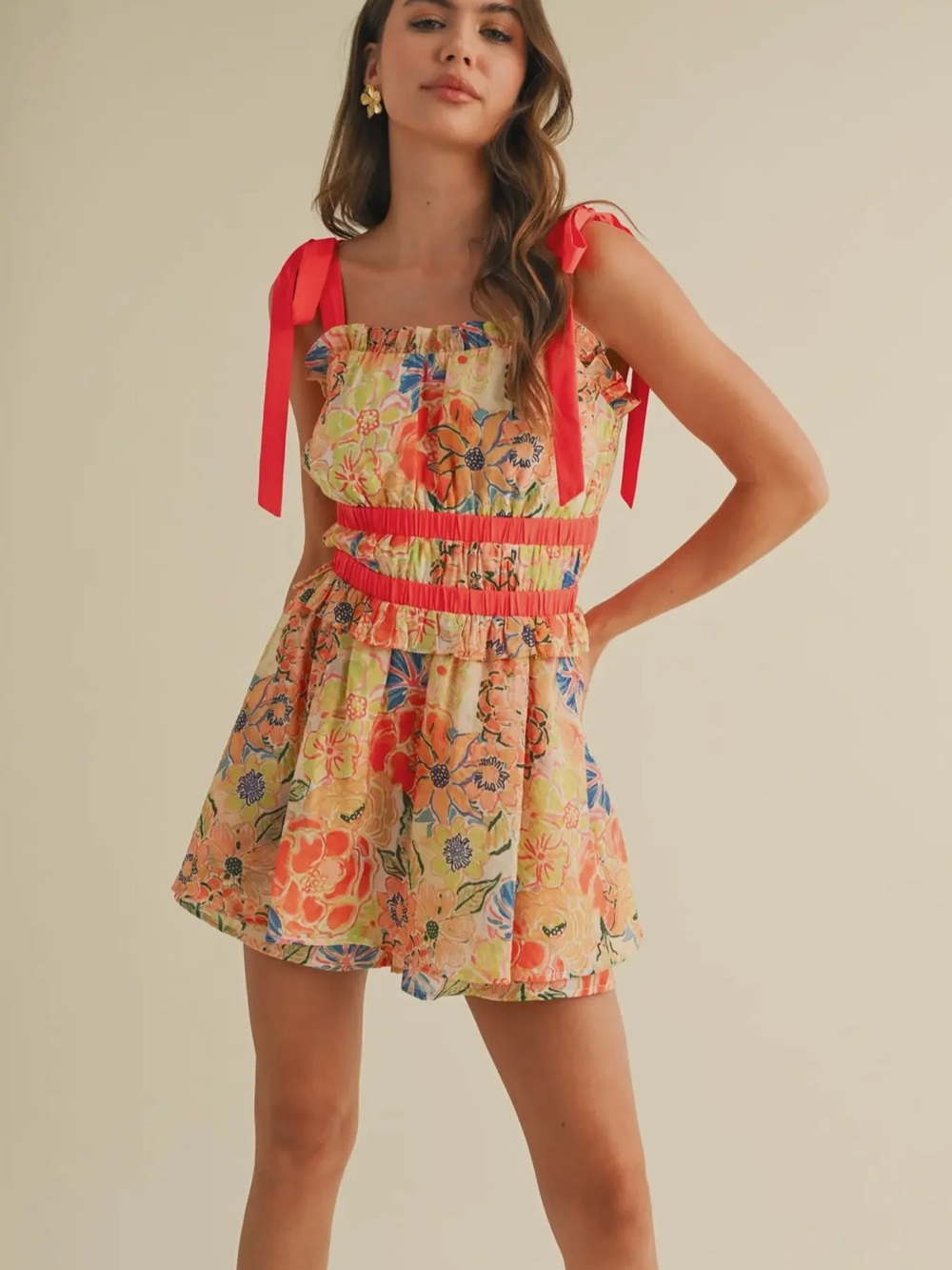 Floral Tie-Shoulder Romper in Coral Yellow